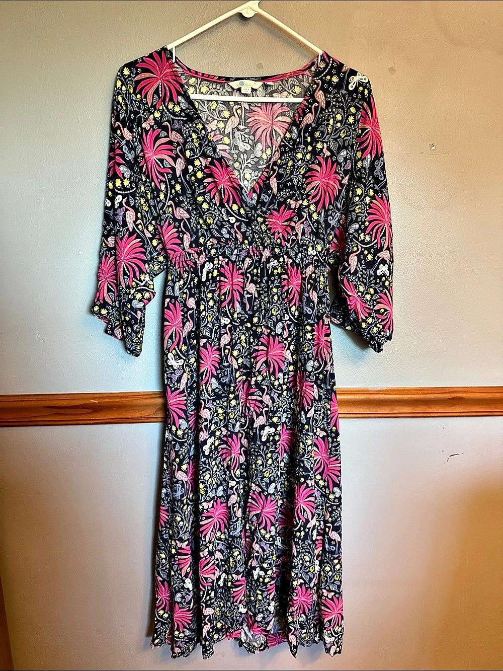 Title: Boden Navy Flamingo Floral Faux Wrap Midi Dress with Pockets - Size US 4R